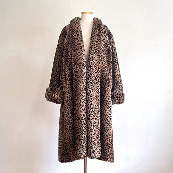 Vintage 90s Y2K American Signature Leopard Animal Print Faux Fur Coat Duster XL - Picture 3 of 7